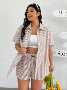 SHEIN EZwear 2pcs Woven Khaki & White Striped Women's Casual Shirt And Shorts Set