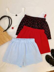 Comfortcana 3pcs/Set Women Elastic Waist Loose Casual Shorts - Multicolor - View 3