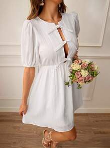 SHEIN VCAY Vacation Solid Color Chiffon Bubble Short Sleeve Women Mini Dress Spring Outfits For Women Casual Outfit Vacation