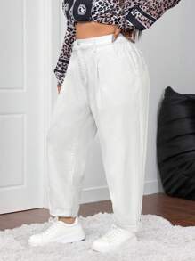 Firerie Quần Jeans Co Giãn Lưng Cao Xếp Ly Có Chi Tiết Viền Cuộn Size Lớn - trắng - Xem 5