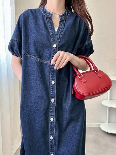 FRIFUL Women Casual Puff Sleeve Front Button Denim Dress Sundress