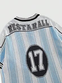 ROMWE MEN Prep Men's Jersey Casual Stripe V-Neck Short Sleeve Knit Tops - Baby Blue - View 5