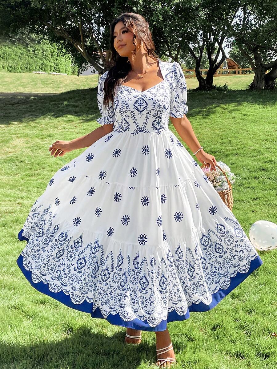 SHEIN LUNE Plus Size Women Holiday Style Woven Short Sleeve Bodycon Dress - Blue and White - View 1