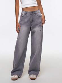 Easelle Jeans rectos de pierna casual con efecto desgastado y calado - Gris - Ver 1