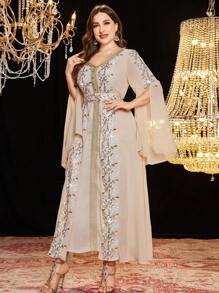 Al Najma Plus Size Elegant Luxury Sequins Embroidered Pleated Dress For Women, Arabic Style - Apricot - View 7