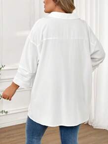 SHEIN CURVE+ Plus Size Casual Commuter Solid Color Wrap Loose Shirt - White - View 2