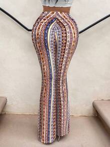 SHEIN SXY 复古印花高腰喇叭裤 - 彩色 - 查看 1