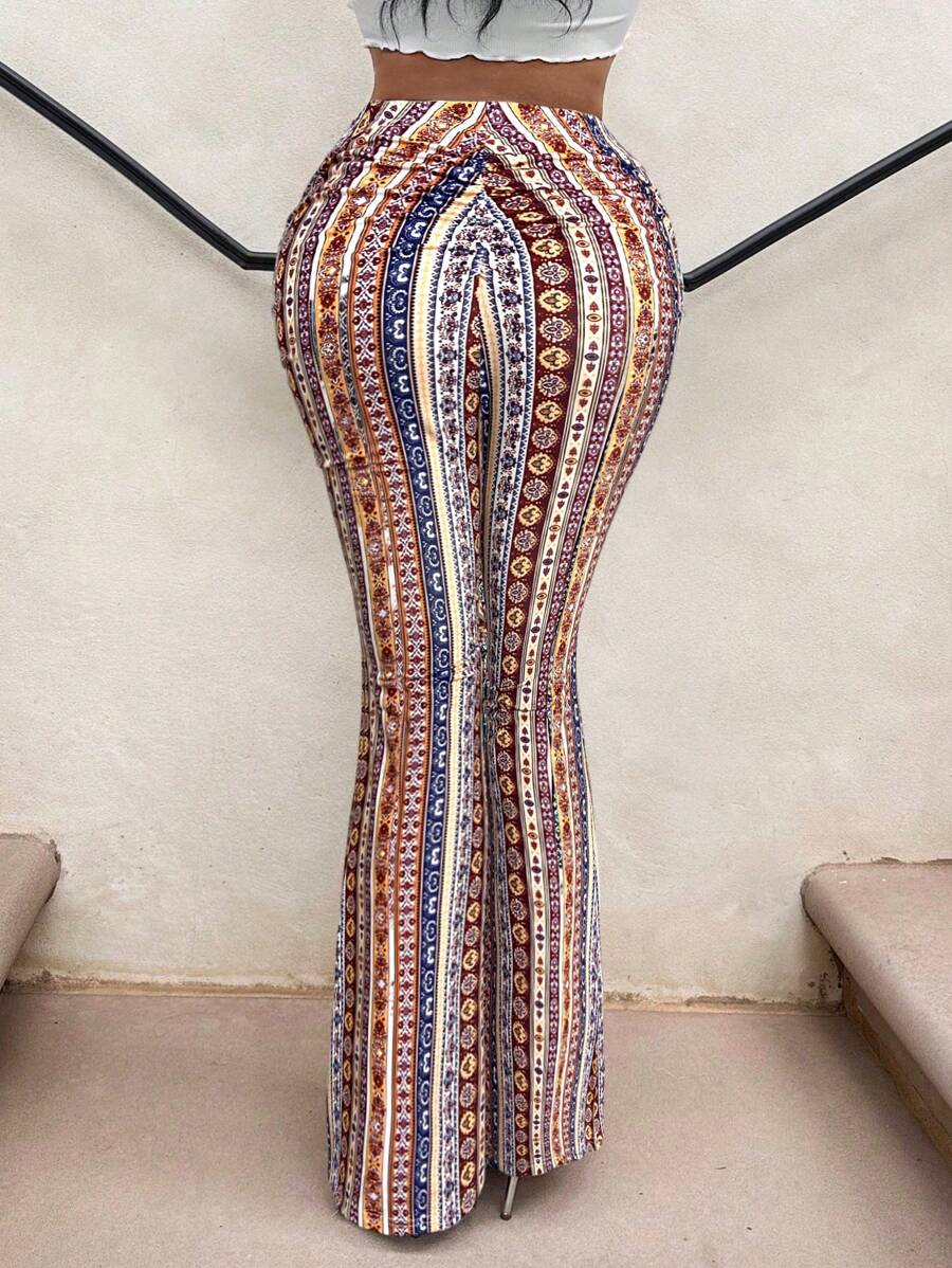 SHEIN SXY 复古印花高腰喇叭裤 - 彩色 - 查看 1