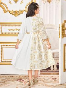 SHEIN Váy nghỉ mát thêu viền dệt thanh lịch cổ điển cho bé gái tuổi mới lớn - trắng - Xem 2