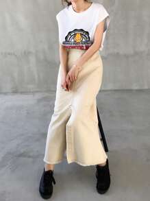 FRIFUL Women's Casual Long Denim Mermaid Skirt Jeans Skirt - Apricot - View 2