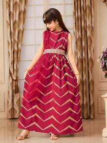Vestito senza maniche con stampa floreale in lamina d'oro e scialle in rete per ragazze pre-adolescenti - Rosso - Visualizzare 1