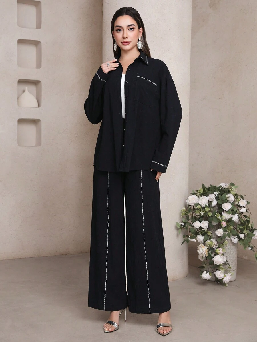 Mulvari 女式休闲撞色镶边衬衫和裤子两件套 - 黑色 - 查看 1