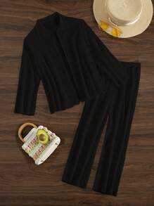 SHEIN Swim 2pcs Spring Break Set Women Solid Color Long Sleeve Turndown Collar Cover Up And High Waist Straight Leg Pants, Casual Vacation Outfit For Summer - Black - View 6