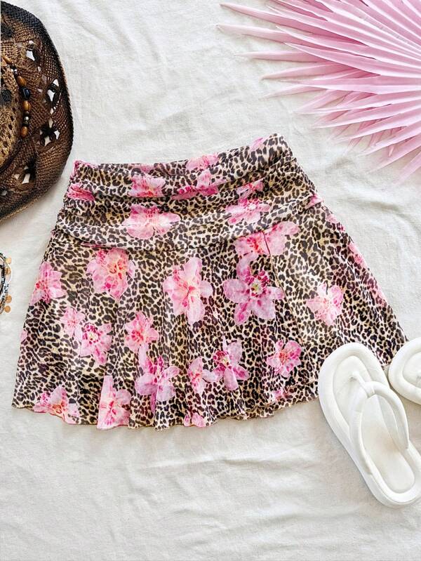 Soleia Model floral cu imprimeu leopard de damă, cu talie înaltă, cu volane laterale, mini-fustă în formă de A, potrivită pentru petrecere, întâlnire, Ziua Îndrăgostiților, vacanță în oraș, festival de muzică, pe plajă, stil de vară