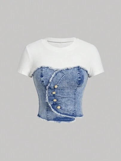 SHEIN MOD Plus Size Women Denim Short Sleeve Round Neck Top, Fashion For Summer,4th Of July, Going Out Tops,Cute Summer Tops,Concert,Birthday Tops,Cruise,Brunch,Summer Tops For Women,Corset Top,Summer Tops Plus Size,Denim Top,Old Money Style Women,Denim,Asymmetrical Top