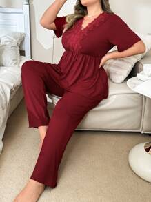 Plus Size V-Neck Ruffle Patchwork Belted Short Sleeve Loungewear Set - Burgundy - View 4
