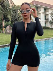 DAZY 1pc Women Solid Color Long Sleeve Rashguard & Wetsuit, Summer Beach Vacation