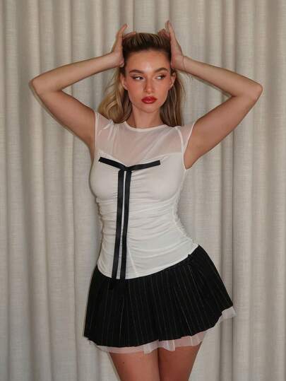 Glamine Camiseta de mujer con detalle de lazo y manga corta fruncida, camiseta casual minimalista para primavera/verano