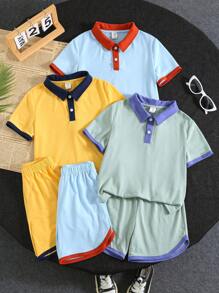 6pcs/Set Young Boys Casual College Contrast Color Block Short Sleeve Polo Shirt & Shorts Set, Multi-Pack, Suitable For Spring/Summer, Outdoor, School, Street, Party, Home, High Cost-Effectiveness