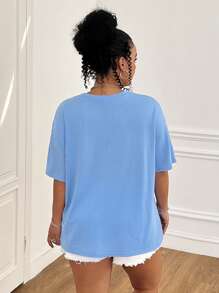 SHEIN EZwear Plus Size Summer Blue Letter Print Casual Vacation Loose T-Shirt