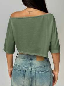 SHEIN EZwear Casual Solid Color Boat Neck Loose Short Hem T-Shirt - Green - View 2