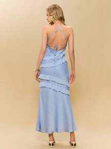 Poéselle Women's Elegant Ruffled Spaghetti Strap Maxi Dress In Soft Light Blue,Perfect For Summer Weddings,Party And Formal Events Evening Gowns Attire - Blue - View 2