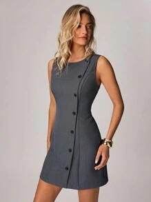 Forever 21 Women Casual Minimalist Solid Color Front Button Sleeveless Mini Dress For Commute - Grey - View 6
