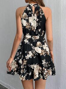 SHEIN Privé 女士高领花卉印花露肩 A 字形荷叶边下摆连衣裙 - 黑色 - 查看 2