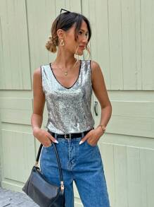 SHEIN LUNE Neuer Pailletten verzierter ärmellose Lässig Tank Top für Frühling & Sommer, Streetfashion Top für Valentinstag