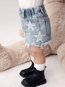 Baby Girl Y2K Star Patch Ripped Raw Hem Jean Skirt,Light Blue And White,Summer,Casual,Vacation Cute Chic Boho Urban Street Elastic Waist Jean Skirt - Light Wash - View 2