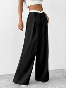 Chiquease 优雅休闲裤，荷叶边腰带黑白拼色长裤 - 黑色 - 查看 5