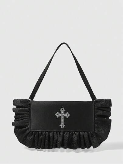 Goth Bolso de hombro negro estilo gótico para mujer con adorno de strass cruzado y volantes