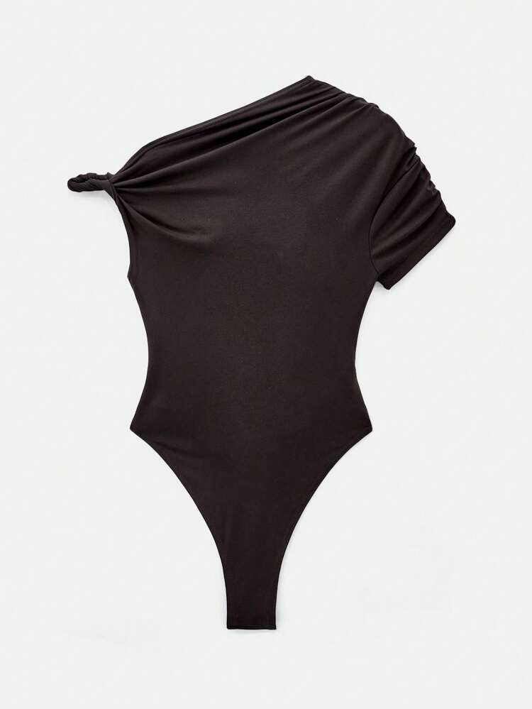 SHEIN Maija 2025 Summer New Arrival Mocha Brown Shirred Asymmetric Twist Fitted Bodysuit, Modern Urban Casual Versatile Music Festival Beach Resort Everyday Romantic City Vacation, Suitable For Outings, Parties, Weddings, Graduation