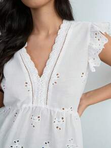 SHEIN Unity 女士刺绣蕾丝拼接下摆假日休闲衬衫，春夏 - 白色 - 查看 4