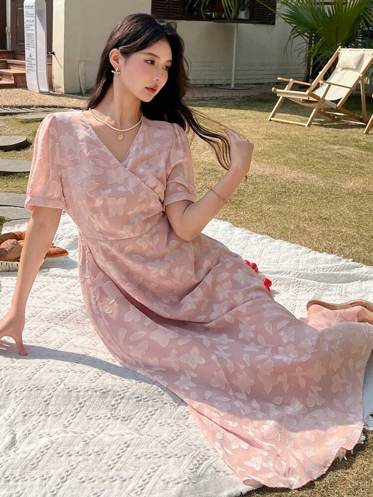 Women's V-Neck Short Sleeve Elegant Textured Mid-Length Dress Summer Floral SunDress