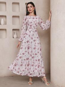 Veilorie 女士花卉印花灯笼袖腰褶皱连衣裙 - 彩色 - 查看 5