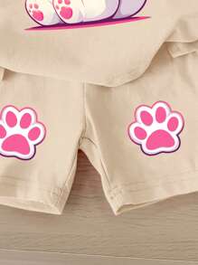 SHEIN Leap Crew 女宝宝休闲简约短袖短裤套装，适合夏季 - 杏色 - 查看 5