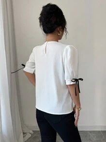 Elenzga 复古蝴蝶结泡泡袖设计宽松小众圆领短袖女衬衫