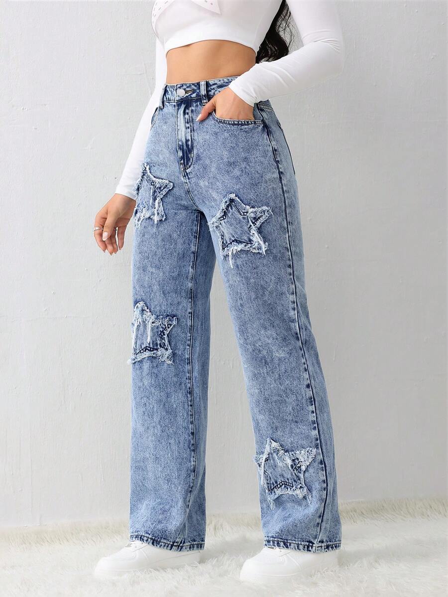 女士牛仔裤 蓝星直筒牛仔裤 牛仔裤 牛仔连体裤 女士服装 女士牛仔裤 宽松牛仔裤 - 中等水洗藍 - 查看 1