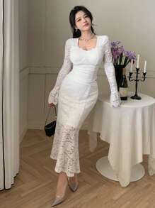 DAZY 2pcs Women Set: Lace Collar Blouse And Fishtail Skirt,Fall Women Clothes Lounge Sets For Women - Beige - View 8