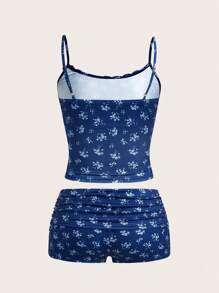 SHEIN EZwear 2 件套女士碎花印花吊带背心和短裤套装 - 藏蓝色 - 查看 2