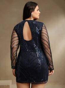 Anewsta 大码女式时尚性感长袖亮片派对俱乐部连衣裙 - 藍色 - 查看 2