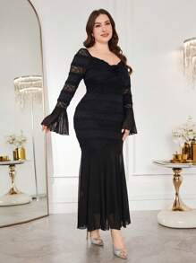 Modelyn Elegant Lace V-Neck 3D Floral Decor Fitted Long Sleeve Plus Size Dress, Suitable For Spring & Summer Fall Cloth For Women - Black - View 6