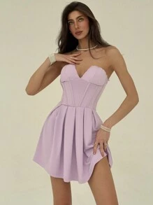 Aloruh Váy ngắn cho nữ, Áo ống màu tím cho tiệc cưới phù dâu, lãng mạn, gợi cảm - Màu tím hoa cà - Xem 4