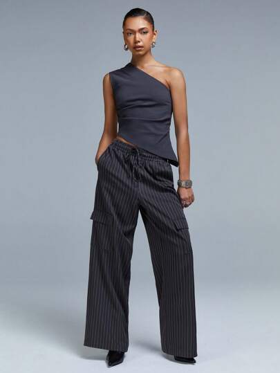 Athîral Women's Casual Charcoal Grey Pocket Commuting Striped Cargo Pants