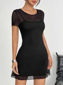 Comfortcana Vestido casual de mujer de unicolor con panel de malla y cuello redondo de manga corta - Negro - Ver 6