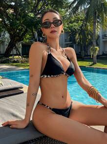 Women's Fashionable Sexy Leopard Print Patchwork Bikini Swimwear Set, Summer Beach Vacation,Tankini Bathing Suit - Black - View 4