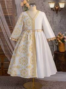 SHEIN Váy nghỉ mát thêu viền dệt thanh lịch cổ điển cho bé gái tuổi mới lớn - trắng - Xem 9