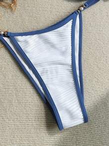 2pcs/Set Women Sexy Micro Bikini With Halter Straps And Thong, White With Blue Trim, Fashion Swimwear Set Swimwears And Swimming Trunks, Summer Beach Vacation