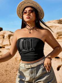 SHEIN EZwear Plus Size Black Letter Print Sleeveless Camisole, Light And Suitable For Party, Spring/Summer - Black - View 3